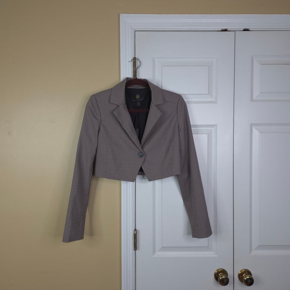 House of Harlow 1960 Brown Houndstooth Cropped One Button Blazer Jacket Size XS